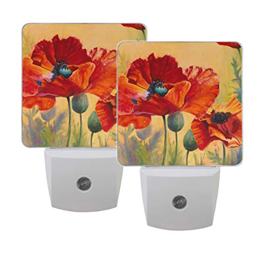 Naanle Set of 2 Red Poppy Flower Floral On Orange Background Auto Sensor LED Dusk to Dawn Night Ligh - //coolthings.us