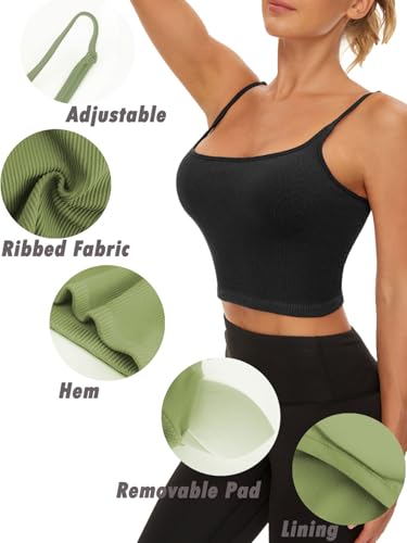 Image of Chilylori Seamless Sports Bra Cropped Tank Top with Adjustable Strap 2 Pack | Workout Tops Ribbed Sports Bra for Women Wireless Longline Crop Tank Padded Comfortable Brami