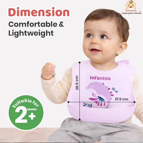 Image of Infantso Silicone Ultra Light Baby Bib for Feeding & Weaning Babies & Toddlers with Food Cather Pocket, Waterproof, Washable, Reusable, Non Messy Easy Cleaning, No Odour, Adjustable Button Neckline