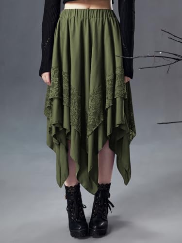Verdusa Women'S Renaissance Skirt Lace Flowy Fairy Skirt Y2K Layered Asymmetrical Midi Skirt Army Green Medium thumb #2