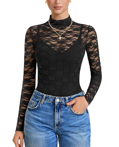 Avidlove Womens Long Sleeve Bodysuit Mock Neck Lace Tops Mesh Bodysuit High Neck Mesh Top Night Out Outfit for Women