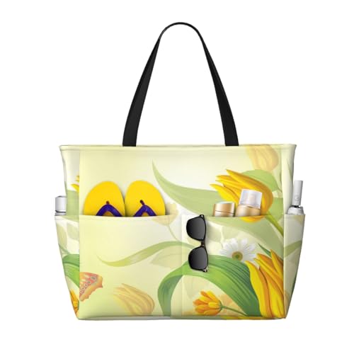 Sac de plage tulipes jaunes aquarelles idéal pour vos vacances au soleil
