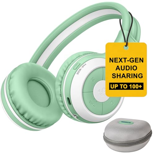 Image of SIMOLIO Manyshare Kids Bluetooth Headphones w /Case & Mic for School, Green | Share Audio with 100+ SIMOLIO Auracast-enabled Headphones for Group Listening. Ideal for Kids, School, Travel and Tablets