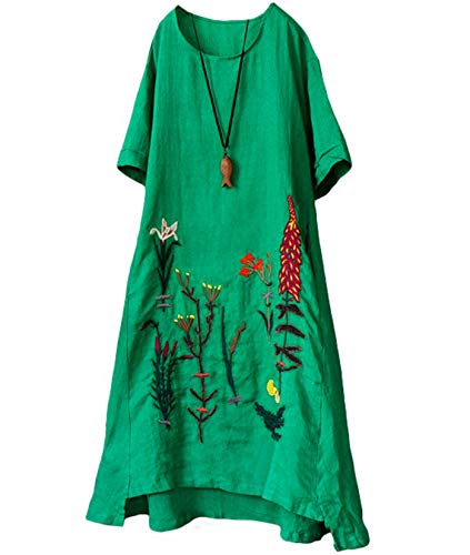 YESNO Women Casual Loose Embroidered Linen Tunic Dresses Hi-Low A-Line Sundress Beach Dress with Pockets E79 (2XL, E79 Green)