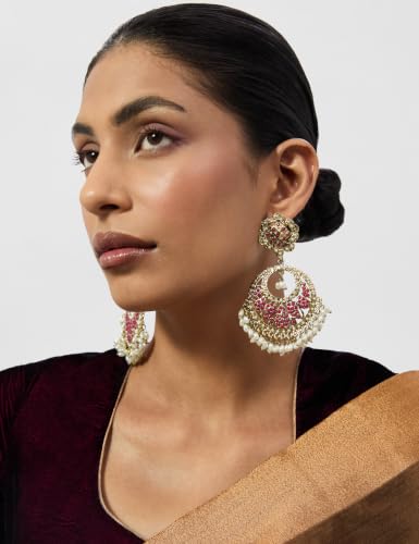 Image of Rubans Chandbali Earrings Kundan Pearl Beads Traditional Wedding Jewellery for Women & Girls