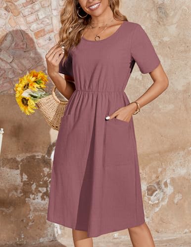 Image of Zeagoo Summer Ethnic Dress Short Sleeve Floral Summer Midi Dress Hawaiian Dresses A-Line Gauze Modest Dress with Pockets,Red,S