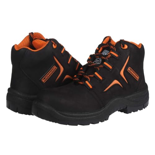 Image of BLACK+DECKER Black Nubuck Leather High Ankle Safety Shoes for Men | Antislip, Oil, Chemical Resistant & Sweat absorbing | Single Density | Steel Toe | BXWB0131IN | Size-06