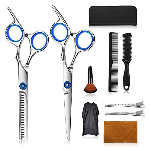 Tijeras de peluquería, Conjunto Tijeras Peluquelo Profesional con capa de barbero y peine de maquinilla de afeitar, clips, para Peluquero y Salón Tijeras Pelo Plateado (10pcs)