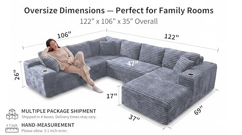 Image of Oversized Cloud Sectional Couches for Living Room, 122 inch U-Shaped 7 Seater Sofa Modular Boneless Couch with Chaise | Deep Seater | Cup Holder | Side Pocket | No-Assembly | Plus Corduroy, Light Gray