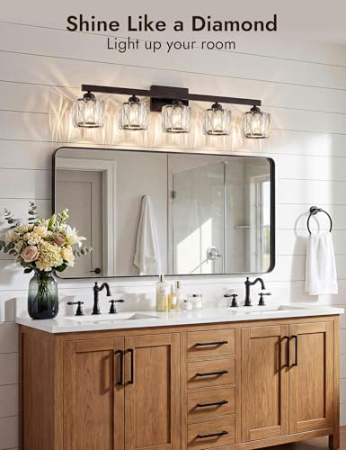 Image of VOLISUN Crystal Vanity Lights for Bathroom, 5 Light Bathroom Vanity Light, Modern Matte Black Bathrooms Light Over Mirror, Black Bathrooms Lights Fixtures-UL Certificated(Exclude Bulb)
