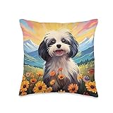 Cute Havanese Flower Meadow Mountain Sunset Puppy Dog Throw Pillow