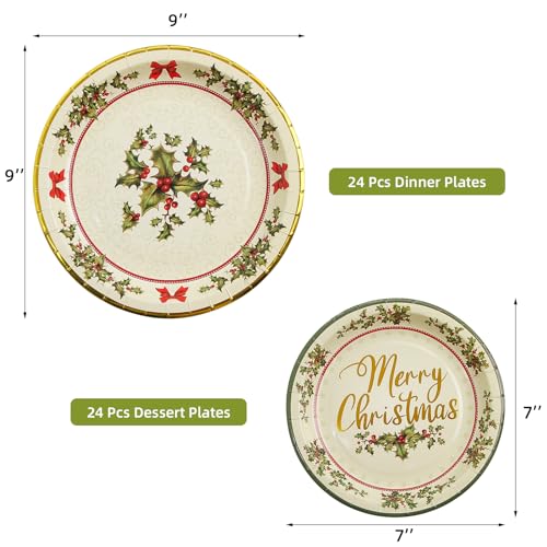 ceiba tree 48 Pack Christmas Paper Plates 24 Pcs 9" Disposable Paper Dinner Plates 24 PCS 7" Dessert Plates Christmas Holly Dinnerware Set for 24 Guests Party Supplies – Image 2