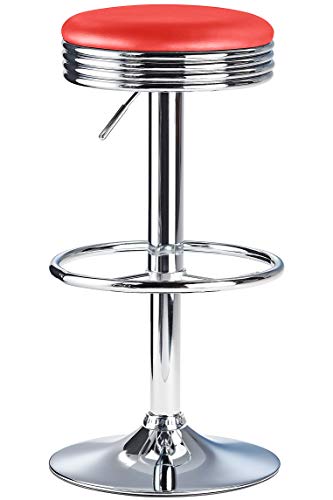Costantino - Tabouret de bar americain style annees 50, rouge, Chrome, Hauteur reglable, Mecanisme pivotant 360 degres