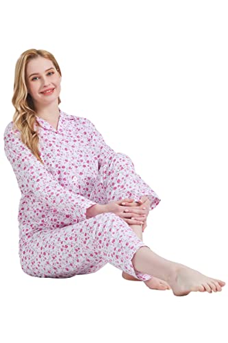 Image of GLOBAL Women Cotton Pajamas Long Sleeve PJs Button Down Sleepwear S-3XL