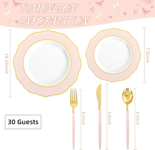 WDF 30Guest Pink Plates Disposable - Hign-end Baroque Design - Gold Plastic Silverware with Handle-Baroque Pink &Gold Plastic Dinnerware for Baby Shower/Wedding/Spring/Mother's Day — view 3