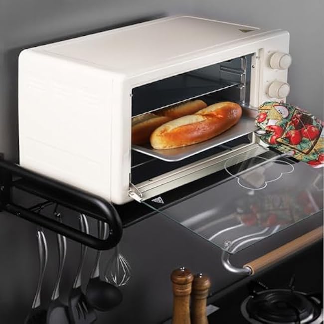 Dxcaicc Wall-Mounted Microwave Shelf, Kitchen Storage Organizer with Removable Hook,Space Saving Electric Oven Holders,Stainless Steel Rack,Black,55cm/21.6in