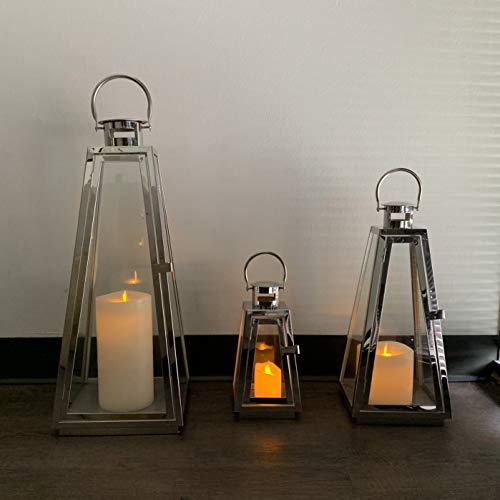 Image of Allgala 3-PC Lantern Set 24 Inch Jumbo Deluxe Modern Indoor /Outdoor Candle Lantern Set Silver Chrome Stainless Steel Tapered Trapezoid Frame with Tempered Glass for Garden Patio Fireplace Wedding