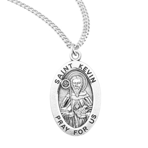 Men and Women .925 Sterling Silver Saint St. Kevin Medal Pendant Necklace in 20 inch Rhodium Plated Stainless Steel Chain, Catholic Medal - Patron Saint. of nature, Deluxe Velvet Gift Box - Made in USA