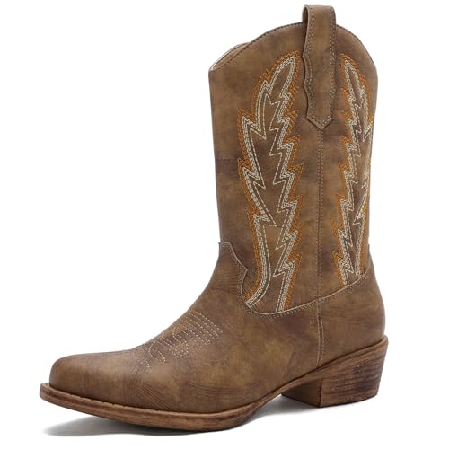 Image of GLOBALWIN Women's Mid Calf The Western Cowgirl Boots Fashion Cowboy Boots For Women Chunky Low Heel