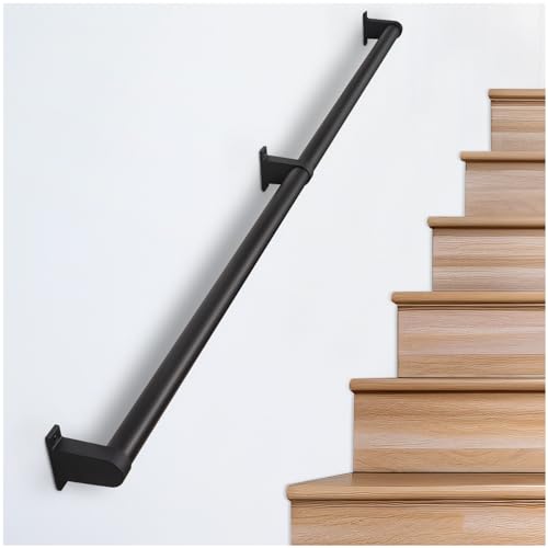 Industrial Stair Railing Metal Hand Rails for Indoor Stairs Wall Mount Staircase Handrails 1.5" Pipe Stair Handrail for Steps Black Aluminum Stairway Railing for Outdoor & Indoor Stairs 6.6ft