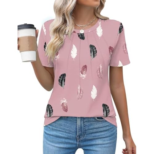 Kistore Womens Casual Crew Neck Short Sleeve Pleated Tops Blouses Fashion Clothes 2026 A4 Pink Black Floral X-Large