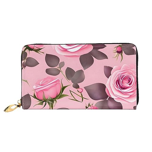 Portefeuille long pour femme noir à fermeture éclair Pretty Pink Roses