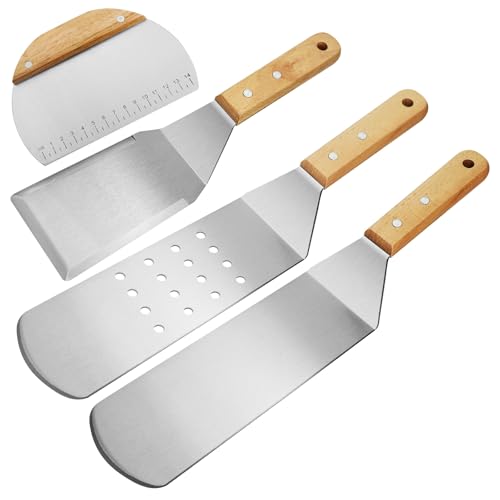 Grillspachtel Set 4-teilig aus Edelstahl mit Holzgriffen, BBQ Grillwender Set für Smash Burger, Teppanyaki, Barbecue & Grill, Grillzubehör Geschenk für Männer