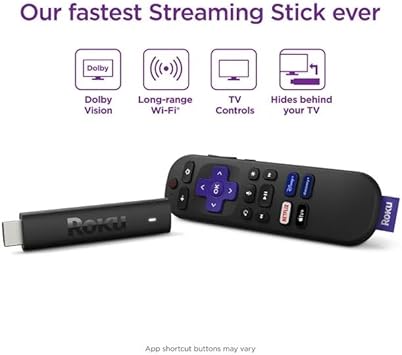 Roku Streaming Stick 4K Streaming Device 4K/HDR/Dolby Vision with Voice Remote and TV Controls