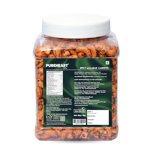 Image of Pureheart Spicy Malabar Cashews 1kg | Roasted Masala Kaju with Curry Leaves | Premium Crunchy Flavored Cashew Nuts | Healthy Snack, Protein Rich Dry Fruits | Spicy Roasted Nuts Pack