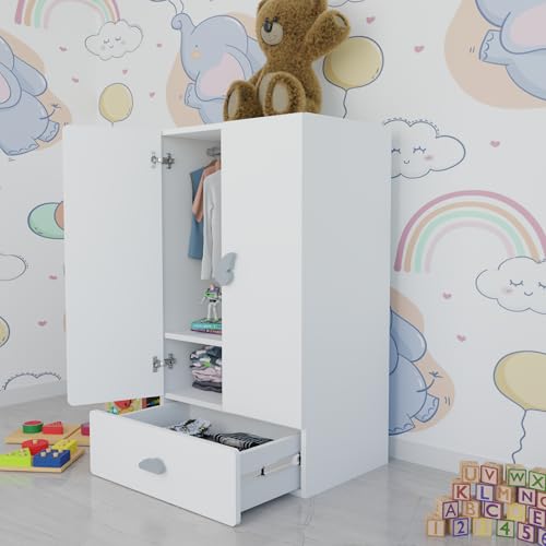 Image of VIKI Kids Wardrobe Almirah - 2 Door Kids Storage Cabinet with Hanging Rod & 1 Drawer for Bedroom, White (40x60x102 cm) | 1 Year Warranty