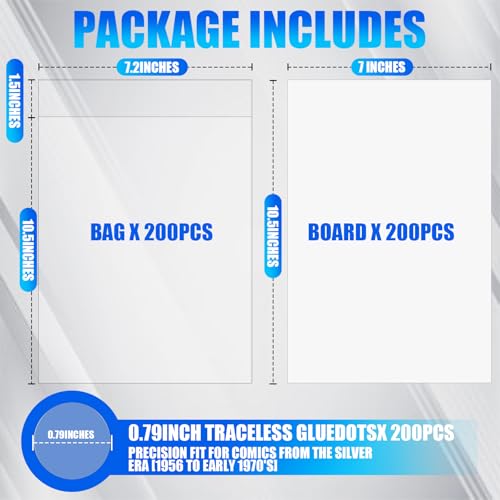 Image of 200 Pack Silver Age Comic Book Bags and Boards, 7.2 inch x 10.5 inch Clear Comic Book Sleeves, Acid-Free Thick Comic Backing Boards for Collectible Book Storage