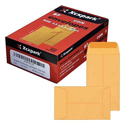 Xxcxpark 500 Pcs #7 Coin Envelopes, 3.5 X 6.5 Inches Brown Kraft Envelopes Classic Small Parts Envelopes With Self Adhesive Gummed Flap For Coins, Cash, Credit Cards, Seeds #TOP7