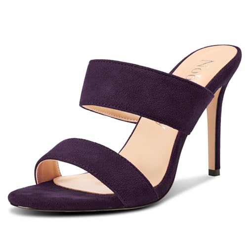 Image of NobleOnly Womens Round Open Toe Heeled Sandals Two Strap Stiletto High Heel Sandals Backless Dress Slip-on Mules Sandals 3.9 Inches Heels