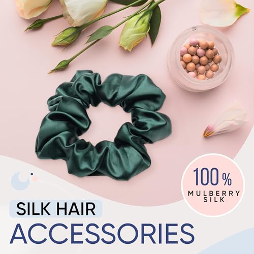 Image of Blissy Silk Scrunchies (3 Pack) - 100% Pure Mulberry Silk - 22 Momme 6A High-Grade Fibers Scrunchie for Straight & Curly Hair (Emerald, Skinny)