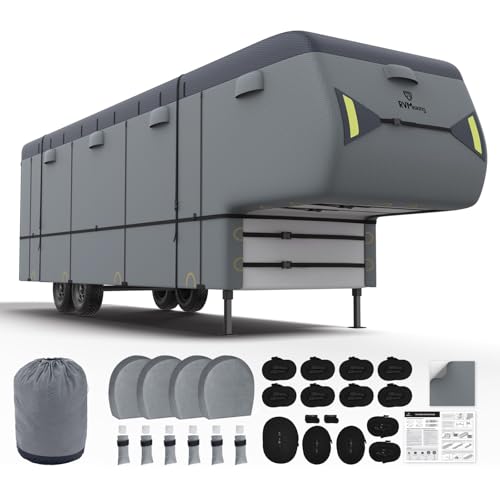 RVMasking 5th Wheel RV Cover, 40'1'-43' Heavy Duty 7 Layers Top Fifth Wheel Cover with 4 Tire Covers, Windproof Rip-Stop Anti-UV Trailer Cover, Dark Gray