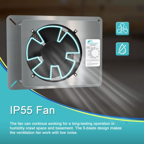Stainless Steel Crawl Space Vent Fan - 780 CFM Air Out Ventilator Fan with Humidistat Dehumidistat, IP55 Rated Exhaust Fan with Metal Fan Cage for Crawlspace Basements Garage Attic