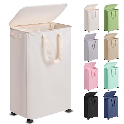 Vincona Slim Laundry Hamper with Lid and Wheels, Small Rolling Laundry Basket with Handle for Small Spaces, Tall Dirty Clothes Hampers for Dorm, Bathroom and Bedroom, 75L, Beige