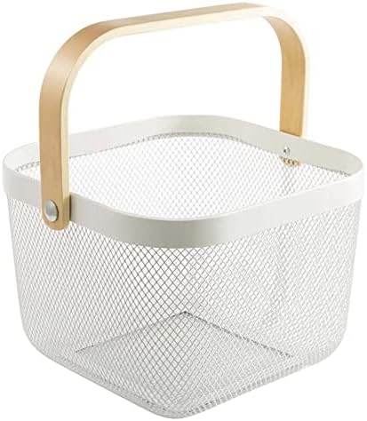 AJIODA Metal Mesh Steel Basket, Storage Organizer Basket Multi-functional Hanging Kitchen Baskets Fruit Basket Bin with Bamboo Handle for Kitchen Bathroom Picnic Shopping Decor Cabinet Home, White