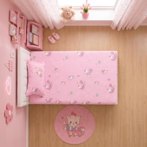 Image of Filymore Kids Single Bedsheet with 1 Pillow Cover | Cartoon Kitty Printed Bed Sheet for Single Bed | 240 TC Soft Microfiber Bedding Set | 90 x 60 Inch Bedspread | Pink & White