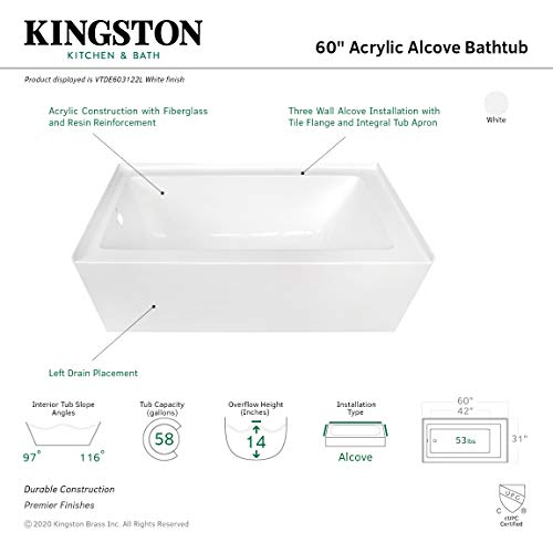 KINGSTON BRASS VTDE603122L 60-Inch Contemporary Alcove Acrylic Bathtub with Left Hand Drain and Overflow Holes, White