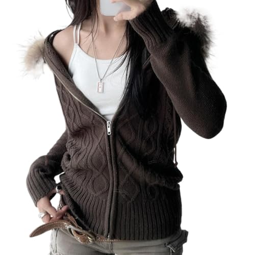 Hesaco Cable Knit Sweater Cardigan Women Y2k Slim Fit Knit Zip Up Hoodie Sweater Jacket with Fur Trim Fall Streetwear (Brown,Small)