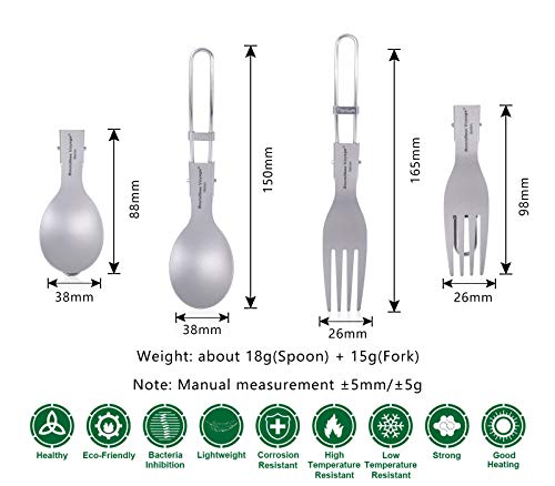 iBasingo Camping Cutlery Set Titanium Folding Spoon Fork Soup Rice Spoon Outdoor Travel Portable Tableware Small Lightweight Flatware Business Trip Picnic Hiking Fishing Dinnerware with Pouch Ti1024T - Image 2