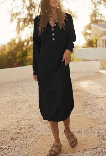 Image of Cutiefox Women's Fall Winter Sweater Long Dress Button V Neck Batwing Long Sleeve Oversized Waffle Knit Dresses