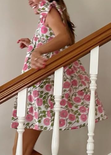 Women Floral Tie Shoulder Mini Dress Cute Square Neck Loose Fit Beach Short Dress Backless Boho Vocation Sundress2