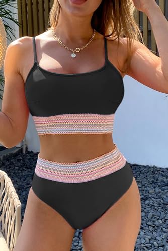 Trendy Black Striped Patchwork Swimsuit with High Waist Design3