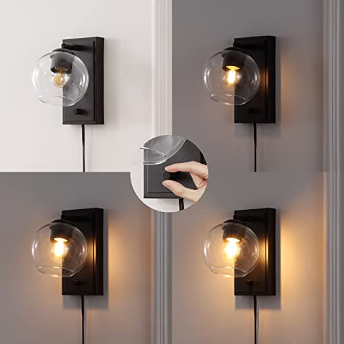 Image of JONATHAN Y 6 inch Oil Rubbed Bronze 1-Light Modern Wall Sconce, Plug-in or Hardwired LED Adjustable Wall Light with Dimmer Switch, Clear Glass Globe Shade, Mid-Century Lamp JYL7567A