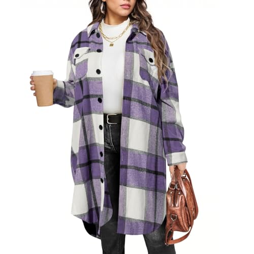 Womens Flannel Checked Shirts,Women's Long Sleeve Flannel Checked Shirts Plus Size Baggy Cardigan Casual Button Down Long Plaid Jacket Open Front Lightweight Autumn Check Outerwear for Ladies Purple