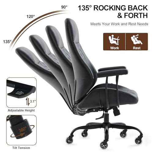 Image of Office Chair with Rubber Wheels, Ergonomic Computer Chair 500 lbs, Leather Desk Chair with Lumbar Support, Executive Chair Adjustable Height & Recline, Black | Ergonomic, Lumbar Support, 360 Swivel & Rolling Wheels, Adjustable Height, for Adults & Women