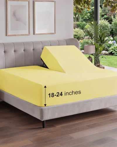 Image of Extra Deep Flex Top Split Head King Fitted Sheet - Hotel Luxury Single Fitted Sheet Only - Easily Fits 18 inch to 24 inch Mattress - Ultra Soft, Wrinkle Free w /Extra Deep Pockets - Yellow