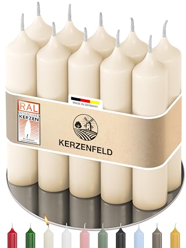 Kerzenfeld 10 Stück Stabkerzen Creme 100 x 22 mm 2-fach getaucht lange Brenndauer 4+ Stunden echte Manufakturqualität aus Deutschland RAL-Zertifiziert und tropffrei